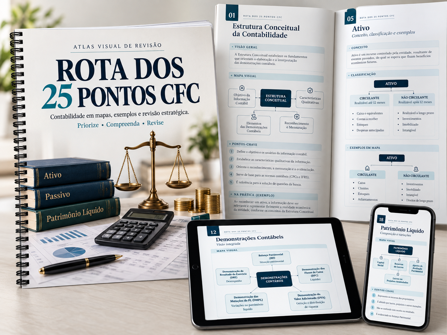 Atlas Visual Rota dos 25 Pontos CFC, aberto com mapas de contabilidade em livro, tablet e celular